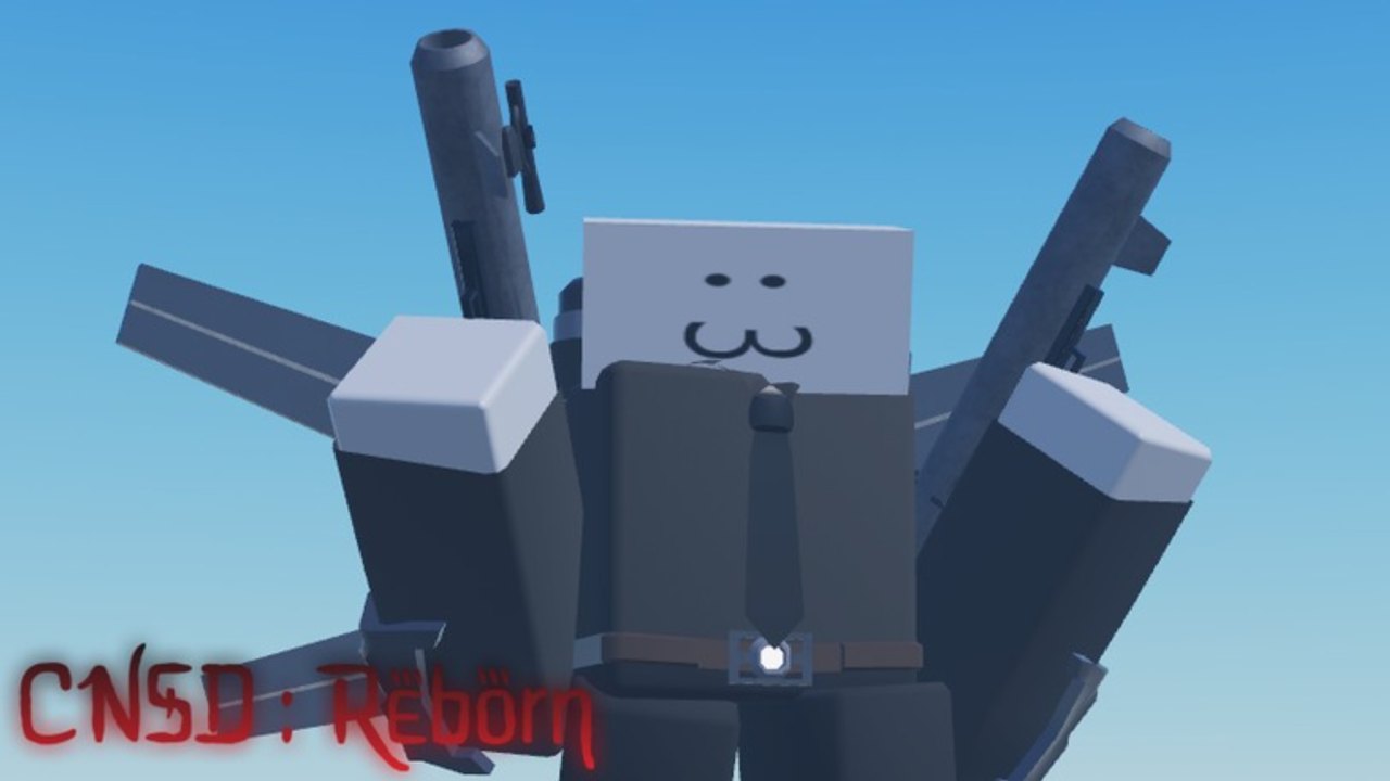Armed dummy titan from CNSD Reborn facing the camera with rocket launchers against a blue sky