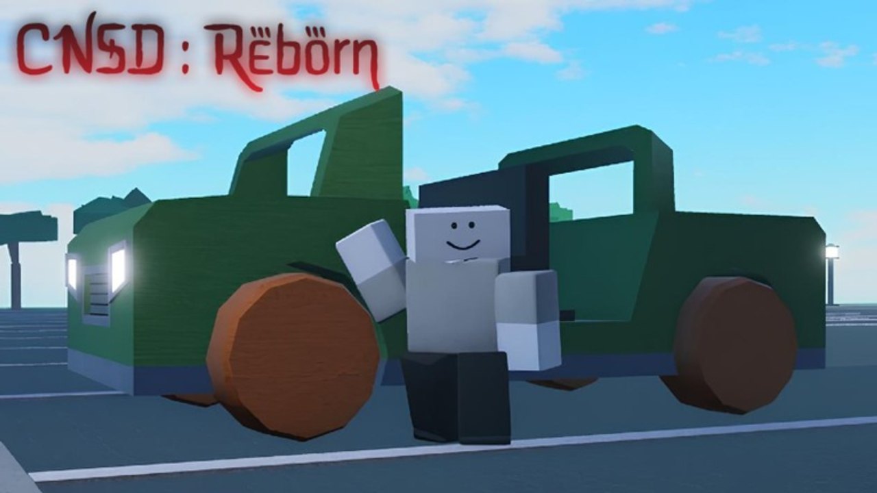 Dummy waving beside a green pickup in a CNSD Reborn parking lot under a bright sky